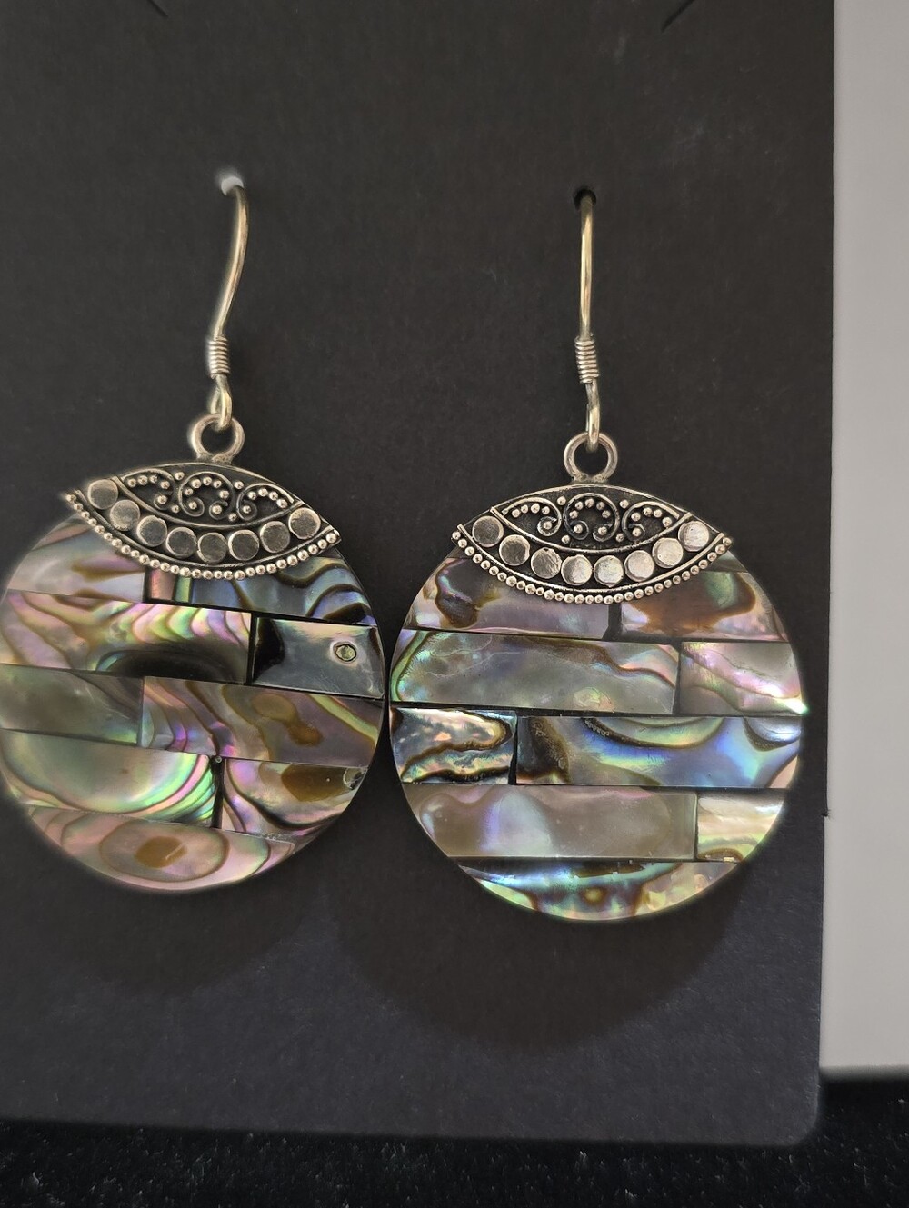 Vintage Sterling Silver Abalone Flat Disc Dangle Hook Earrings 1.9 Inch